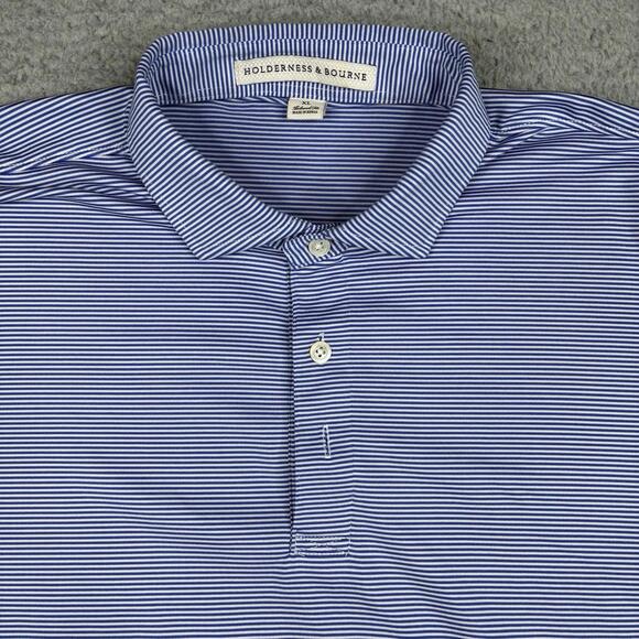 Holderness & Bourne Tailored Fit Polo Shirt Men’s XL Blue Striped Golf Logo - Picture 2 of 10